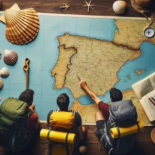 Welke Camino past het best bij jou? Afbeelding van 3 pelgrims die over de kaart van Spanje hun route uitstippelen.